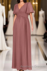 Brown V-Neck High-Waist Long Maternity Bridesmaid Dresses