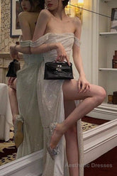 Elegant Mermaid Off the Shoulder Silver Sequins Long Prom Dress with Split Front