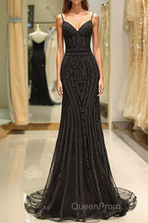 Mermaid Spaghetti Strap Black Beading Long Evening Prom Dresses