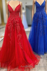 Elegant V Neck A-Line Red Appliqued Long Evening Prom Dresses