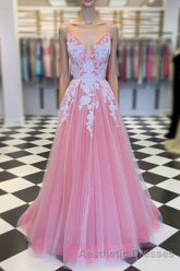 Elegant V Neck Lace-Up Back Pink Long Evening Prom Dresses with Appliques