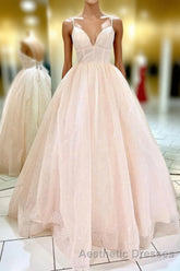Elegant Straps Lace-Up Back Blush Long Evening Prom Dresses