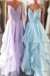 Elegant Light Blue Ruffled Tulle Evening Prom Dresses
