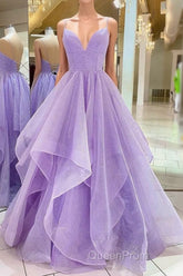 Purple V Neck Sleeveless A Line Tulle Sequin Evening Prom Dresses