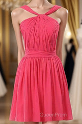 Neon Pink Halter Knee Length Bridesmaid Dresses