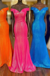 Off the Shoulder Orange Mermaid Long Evening Prom Dresses