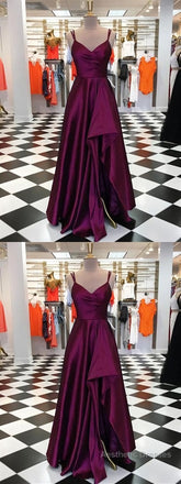 Purple Spaghetti Straps Sleeveless Long Prom Dresses, Split Evening Dresses, B0975