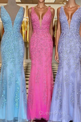 Plunge V Neck Lace Appliques Long Evening Prom Dresses