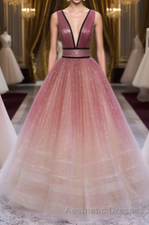 Glitter A-Line V Neck Tulle Long Evening Prom Dresses Tulle Long Formal Party Dresses