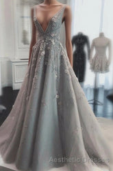 Deep V Neck Sleeveless Evening Prom Dresses Long Party Gown with Appliques