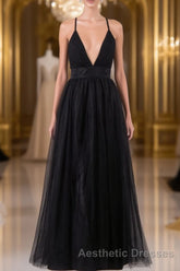 Elegant Tulle Spaghetti Straps Backless Floor Length Evening Prom Dresses