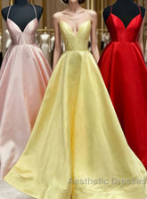 Elegant Yellow Satin Long Evening Prom Dresses with Cross Back