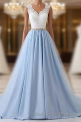 Elegant Long Blue Evening Prom Dresses with White Lace Top | Senior School Formal Dresses