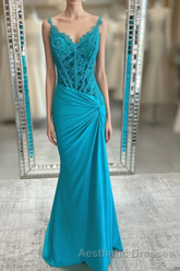 Jade Appliques Straps Twist Knot Mermaid Satin Long Evening Prom Dresses