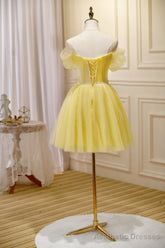Cute Yellow Spaghetti Straps Off The Shoulder Tulle Short Homecoming Dresses