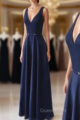 Navy Blue V-neck Floor Length Simple Cute Long Evening Prom Dresses