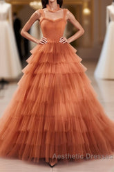 Unique High Neck Tulle Long Evening Prom Dresses, Orange Formal Evening Dresses