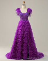 Purple A-Line Ruffle Glitter Long Prom Dress With Split
