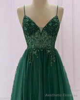 Emerald Green Tulle Prom Dress Beaded V Neck