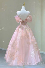 A Line Pink Tulle Lace Off The Shoulder Evening Prom Dresses, Formal Evening Dresses
