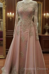 A-Line/Princess Long Sleeves Scoop Floor-Length Applique Tulle Muslim Dresses