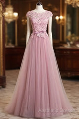 A-Line/Princess Sash Tulle Floor-Length Lace Evening Prom Dresses