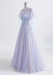 A-Line/Princess Tulle Jewel Floor-Length Evening Prom Dresses With Beaded Lace Appliques