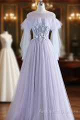 A-Line/Princess Tulle Jewel Floor-Length Evening Prom Dresses With Beaded Lace Appliques
