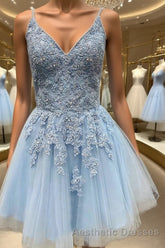 A-Line/Princess V-neck Short/Mini Tulle Homecoming Dresses With Appliques Lace