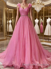 A-Line/Princess V-neck Sweep Train Organza Evening Prom Dresses With Ruffles