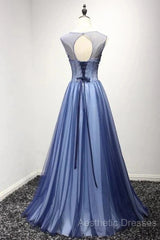 A Line Sheer Neck Rhinestones Long Tulle Evening Prom Dresses Floor Length Beautiful