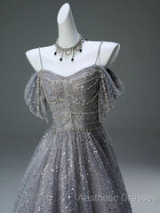 A-Line Spaghetti Strap Mesh Sequin Long Evening Prom Dresses Graduation Evening Prom Adult Ceremony Dresses