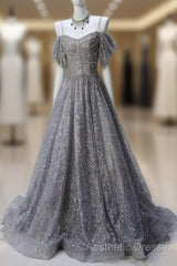 A-Line Spaghetti Strap Mesh Sequin Long Evening Prom Dresses Graduation Evening Prom Adult Ceremony Dresses