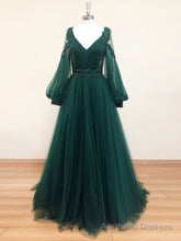 A-Line V Neck Tulle Lace Green Long Prom Dress, Green Formal Evening Dresses
