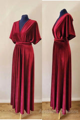 A-Line Velvet V-Neck Formal Dresses Long Bridesmaid Dresses