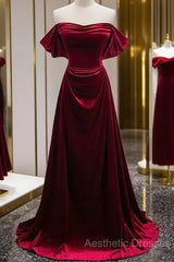 A-Line Wine Red Velvet Sweetheart Wedding Party Dresses, Wine Red Velvet Evening Prom Dresses