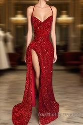 Red Sequins Evening Prom Dresses with Slit Shiny Floor-Length Party Dresses