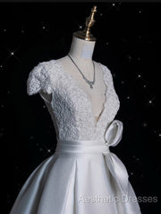 Aesthetic Ball Gown V Neckline Satin White Long Wedding Dresses Brides Dresses