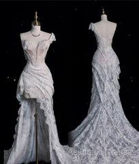 Aesthetic High Low One Shoulder Lace White Long Wedding Dresses