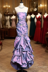 Aesthetic Mermaid Strapless Neckline Grape Taffeta Evening Prom Dresses Ruffle Long Party Dresses