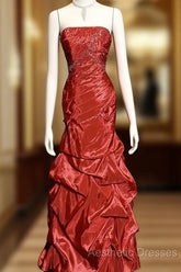 Aesthetic Mermaid Strapless Neckline Red Taffeta Evening Prom Dresses Ruffle Long Party Dresses