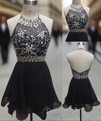 Backless Black Short Evening Prom Dresses, Cute Homecoming Dresses