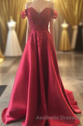 Hunter Green Lace Off-the-Shoulder A-Line Long Evening Prom Dresses