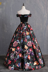 Black Floral Satin Off Shoulder Strapless Long Formal Evening Prom Dresses, Evening Dresses