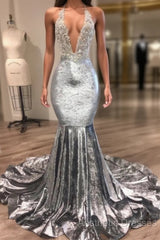 Black Girl Evening Prom Dresses Open Back Silver Velvet Evening Prom Dresses Cheap | Mermaid Sexy V-Neck Crystals Appliques Formal Evening Gowns Mq0131