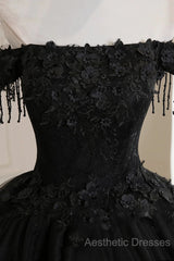 Black Off Shoulder Sweet 16 Formal Dresses With Lace, Black Long Evening Prom Dresses