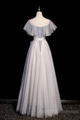 Blue And Pink Beaded Tulle Lovely A-Line Long Party Dresses, Tulle Evening Dresses Evening Prom Dresses