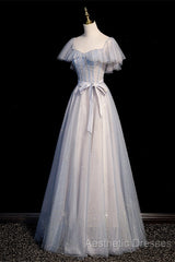 Blue And Pink Beaded Tulle Lovely A-Line Long Party Dresses, Tulle Evening Dresses Evening Prom Dresses