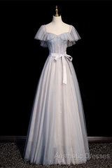 Blue And Pink Beaded Tulle Lovely A-Line Long Party Dresses, Tulle Evening Dresses Evening Prom Dresses