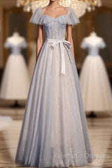 Blue And Pink Beaded Tulle Lovely A-Line Long Party Dresses, Tulle Evening Dresses Evening Prom Dresses